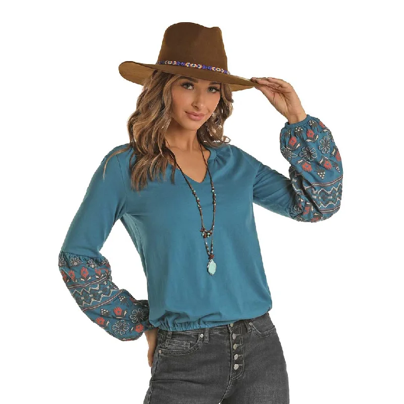 Rock & Roll Cowgirl Women's Bishop Sleeve Blouse Chic Ruffle Blouse