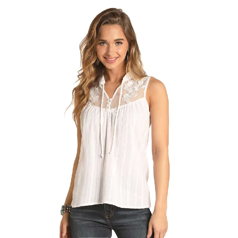 Rock & Roll Cowgirl Women's Lace Yoke Blouse Classic Striped Blouse