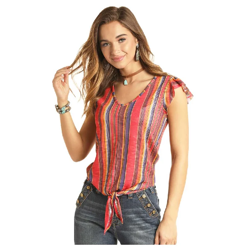 Rock & Roll Cowgirl Women's Ruffled Sleeve Striped Blouse Playful Puff Blouse