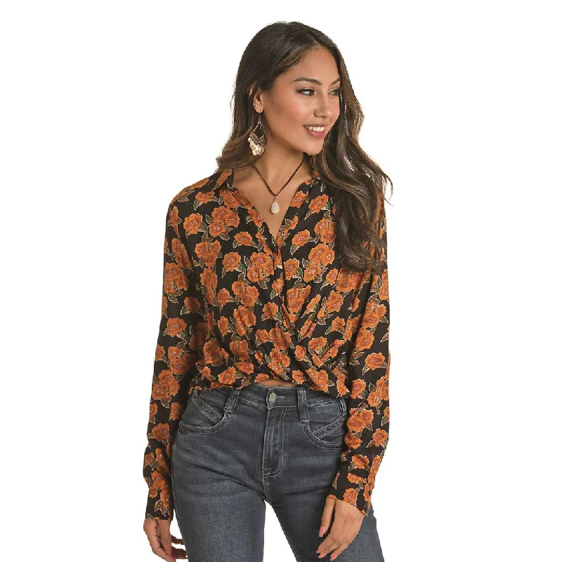 Rock & Roll Cowgirl Women's Twist Front Blouse Soft Satin Blouse
