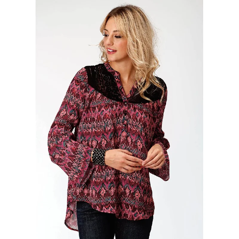 Roper Ethnic Stripe Ikat Print Womens Blouse Balloon Sleeve Blouse
