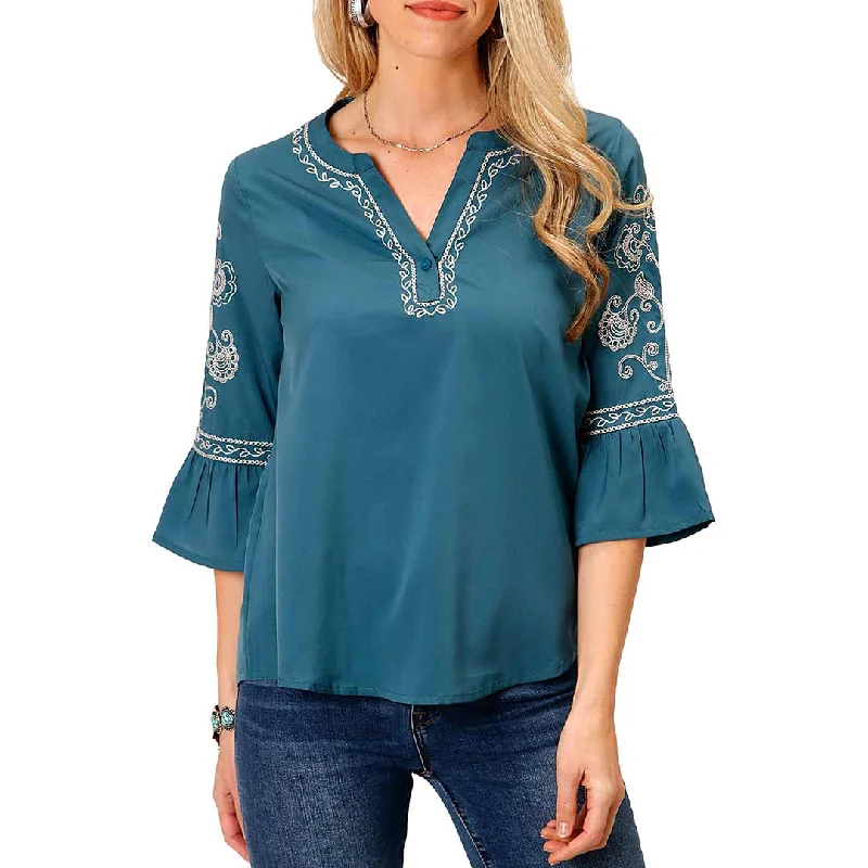 Roper Women's Embroidered 3/4 Sleeve Peasant Blouse Backless Summer Blouse