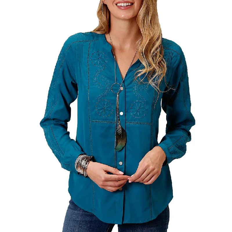 Roper Women's Embroidered Button-Down Blouse Feminine Tie Blouse