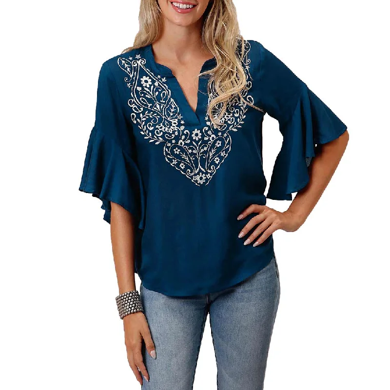 Roper Women's Embroidered Flutter Sleeve Blouse Subtle Shimmer Blouse