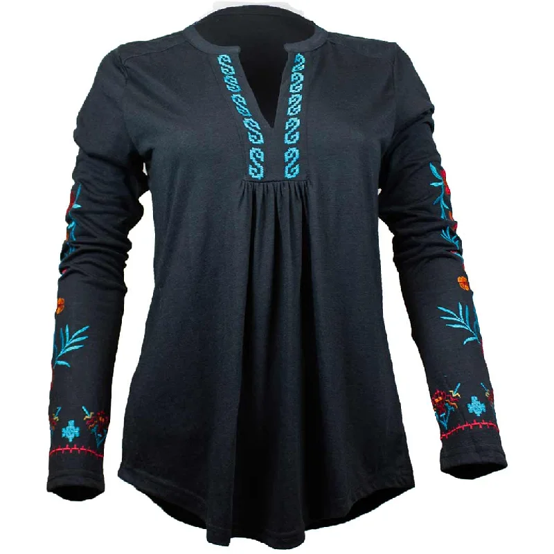 Roper Women's Embroidered V-Neck Blouse Satin Drape Blouse