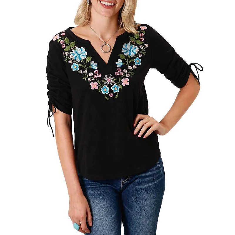 Roper Women's Floral Embroidered Tie Sleeve Blouse Elegant Lace Blouse