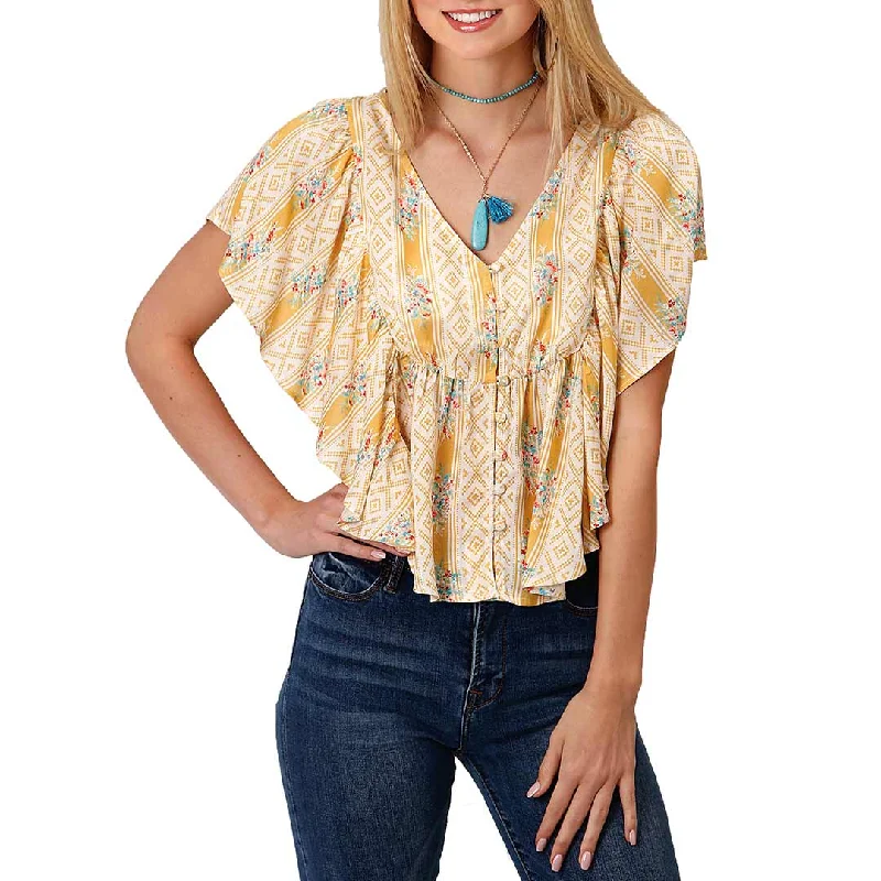 Roper Women's Geometric and Floral Ruffle Sleeve Blouse Lightweight Chiffon Blouse