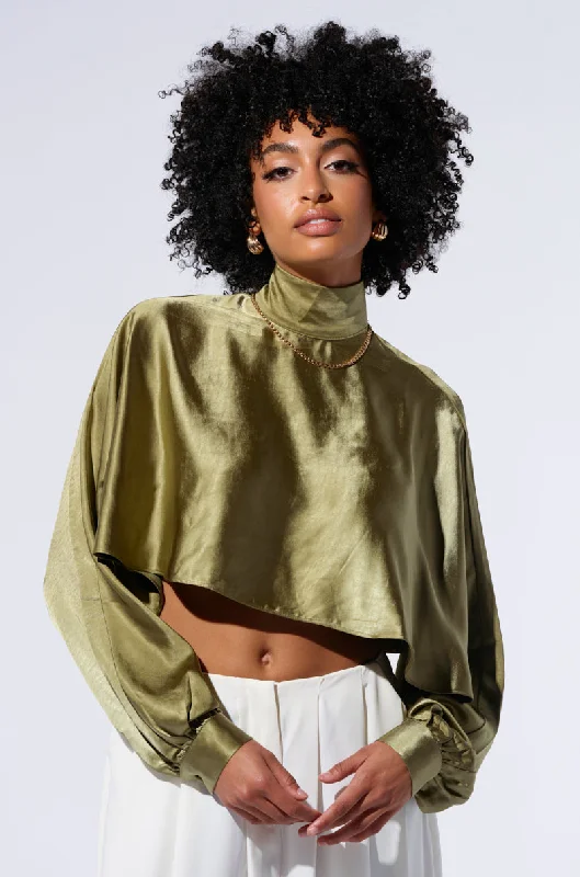SATIN MOCK NECK BLOUSE IN OLIVE Semi-Sheer Blouse