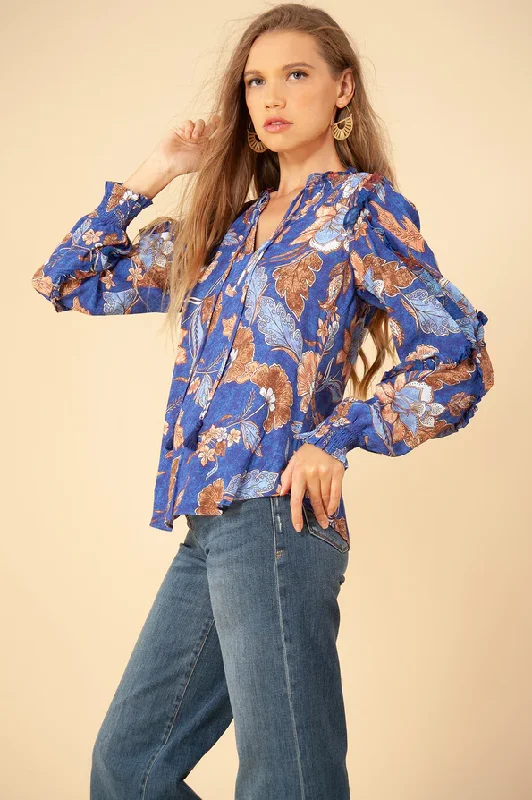 Savannah Ruffle Blouse in blue print Bell Sleeve Blouse