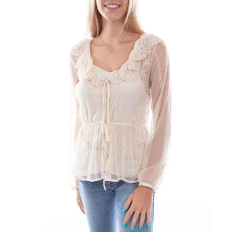 Scully Women's Embroidered Mesh Tie Front Blouse Satin Drape Blouse