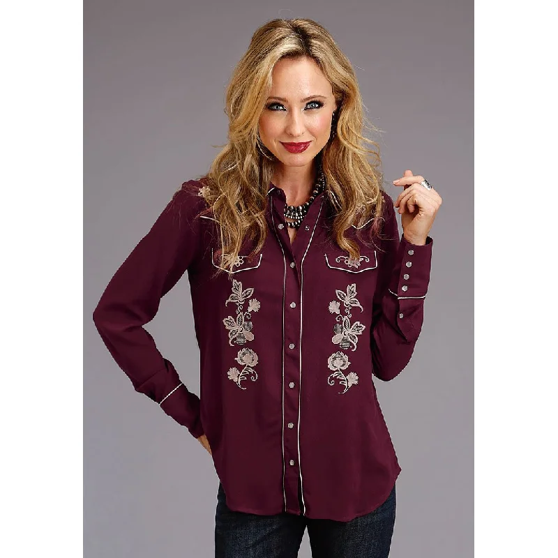 Stetson Rayon Crepe Western Burgundy Womens Blouse Double Button Blouse