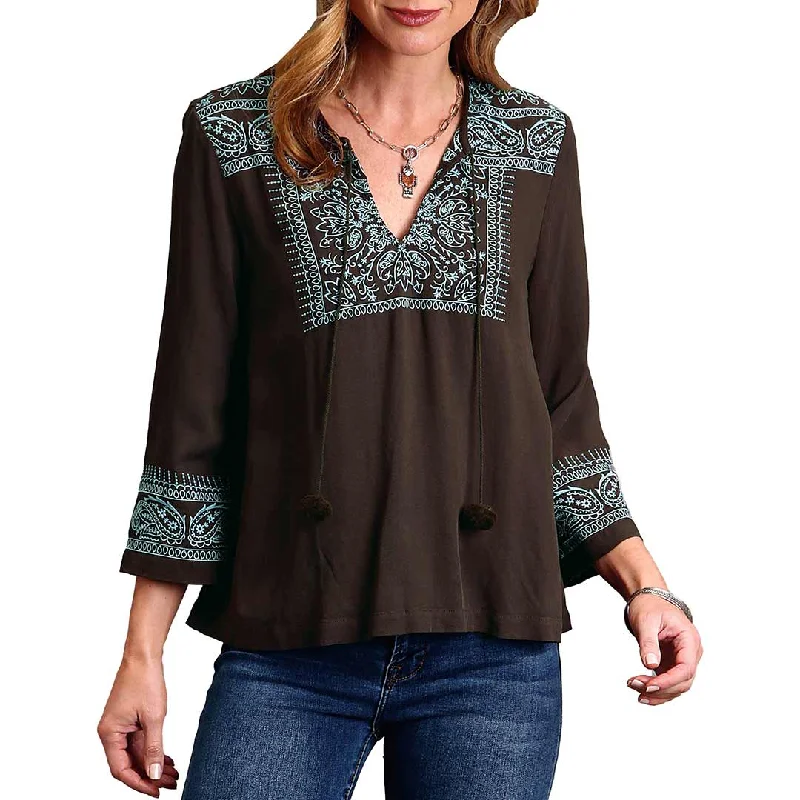 Stetson Women's Bandana Embroidered Peasant Blouse Lightweight Chiffon Blouse