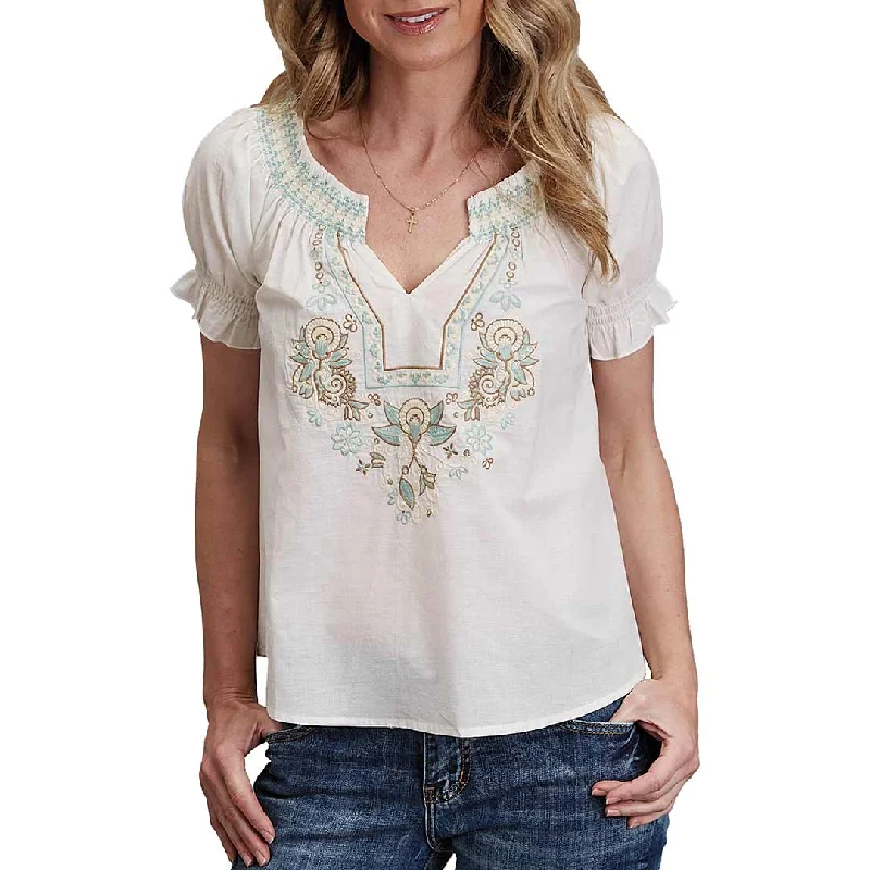 Stetson Women's Embroidered Puff Sleeve Blouse Feminine Tie Blouse