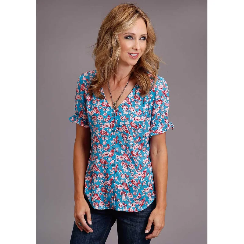 Stetson Women's Candy Roses Button Front Blouse Drape Neck Blouse