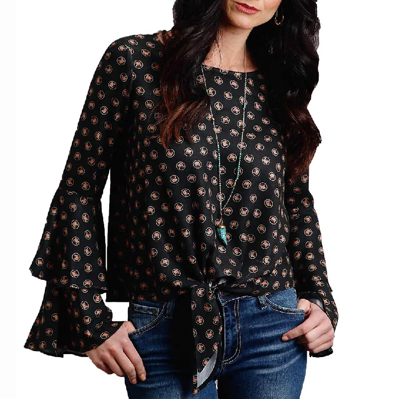 Stetson Women's Horse Print Bell Sleeve Blouse Embellished Collar Blouse