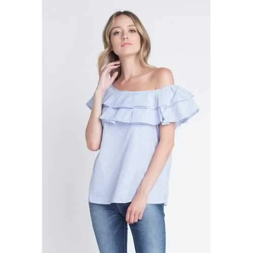 Women's Striped Off Shoulder Ruffle Stripe Blouse Feminine Satin Blouse