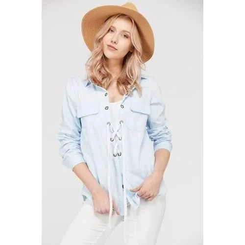 Women's Lace Up Blouse Top Semi-Sheer Blouse