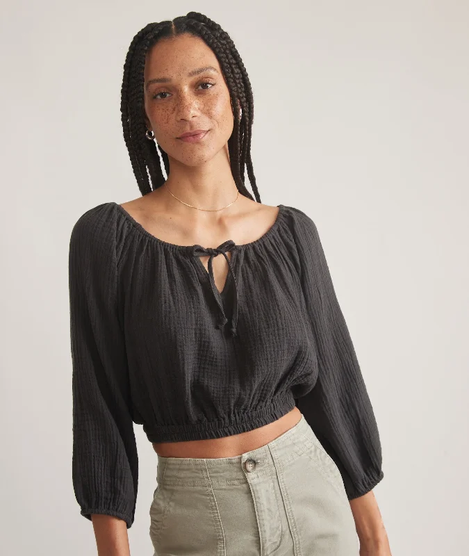 Tiana Double Cloth Cropped Blouse Embroidered Cotton Blouse