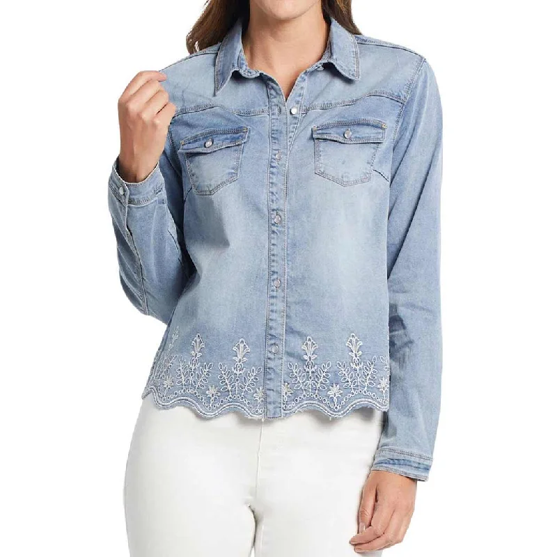 Tribal Women's Embroidered Hem Denim Button-Down Blouse High Neck Blouse