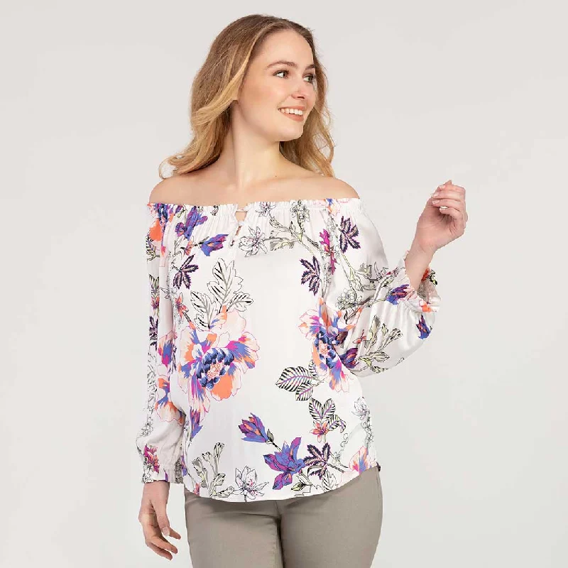 Tribal Women's On/Off Shoulder Floral Print Blouse Embellished Collar Blouse
