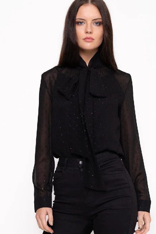 Black Blouse With Polka Dots Off-Shoulder Wrap Blouse