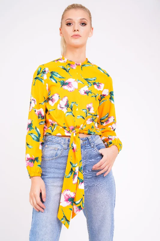 Floral Long Sleeve Tie Blouse Delicate Bow Blouse