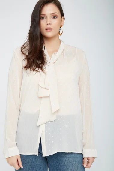 Plus Size Nude Pussybow Blouse With Polka Dots Feminine Tie Blouse