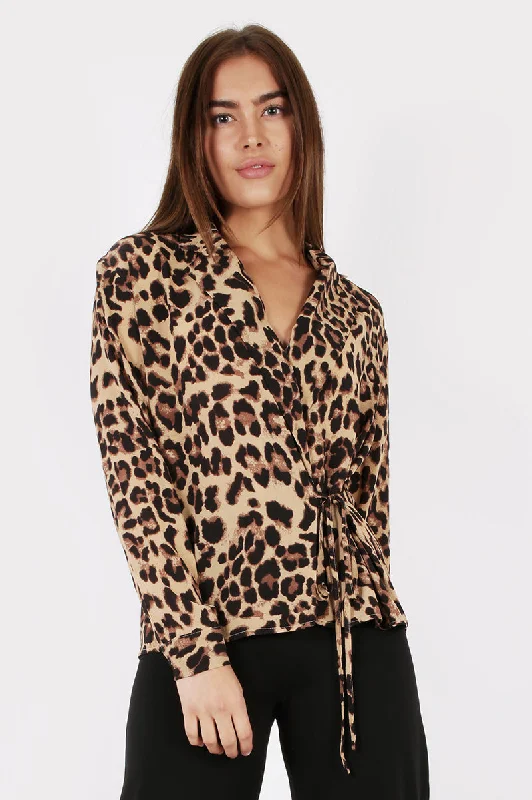 Wrap Blouse in Leopard Print Elegant Semi-Sheer Blouse