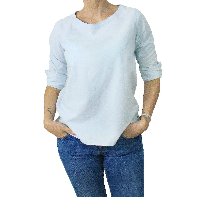 Women's cotton denim blouse with boat neckline and long sleeves Stretchy Fitted Blouse