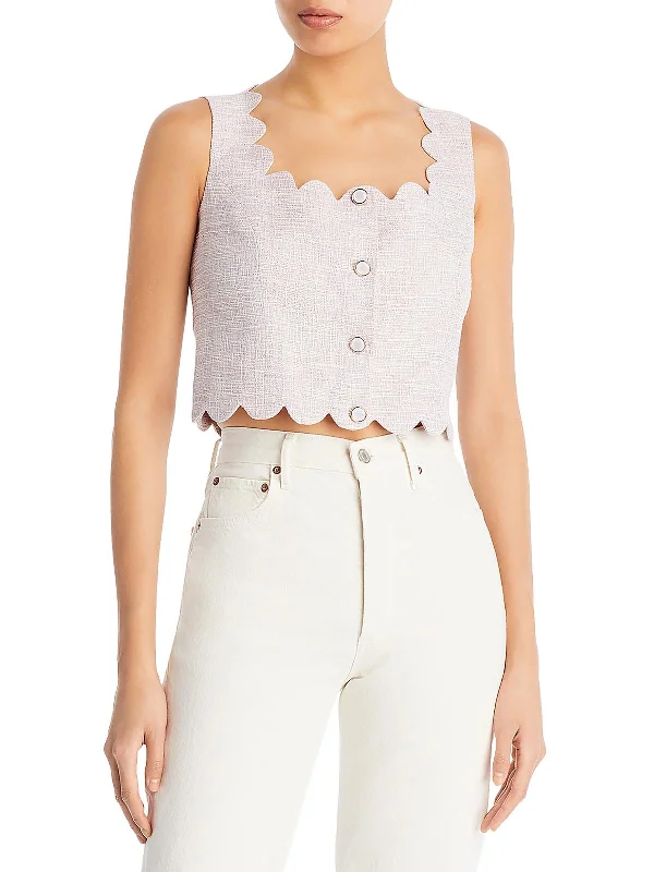 Womens Scalloped Trim Fake Button Blouse Peter Pan Blouse