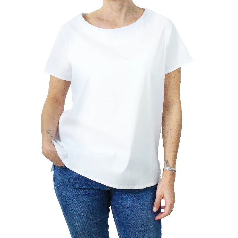 Women's white cotton blouse with boat neckline and short sleeves Floral Chiffon Blouse