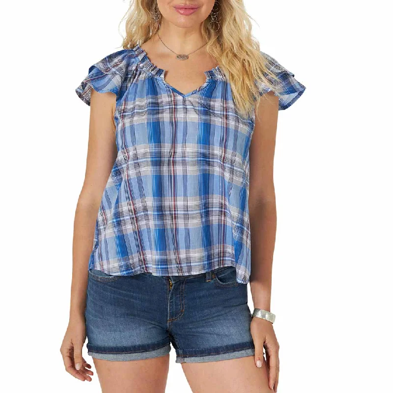 Wrangler Women's Flutter Short Sleeve Plaid Blouse Subtle Shimmer Blouse