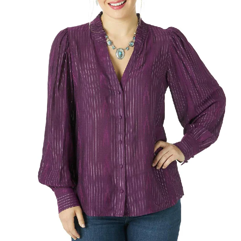 Wrangler Women's Lurex Thread Puff Sleeve Button-Down Blouse Office-Ready Blouse