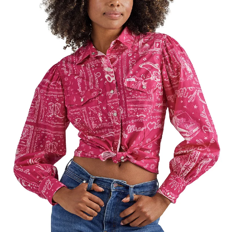 Wrangler X Barbie Womens Western Balloon Sleeve Blouse Elegant Peplum Blouse