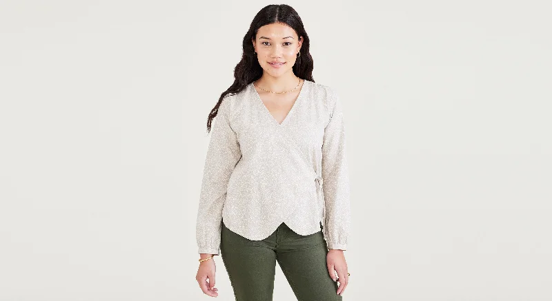 Wrap Blouse, Regular Fit Elegant Semi-Sheer Blouse