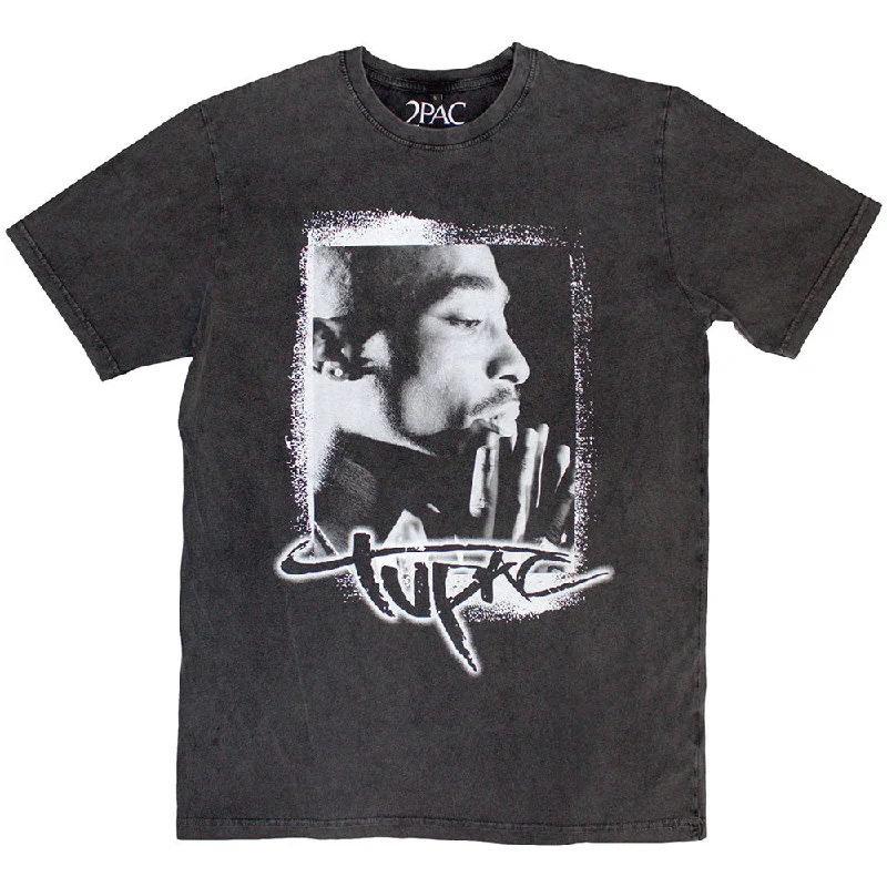 Tupac | Official Stone Wash Band T-Shirt | Spray Photo Stone Wash Spandex Blend Rayon Blend Denim Blend