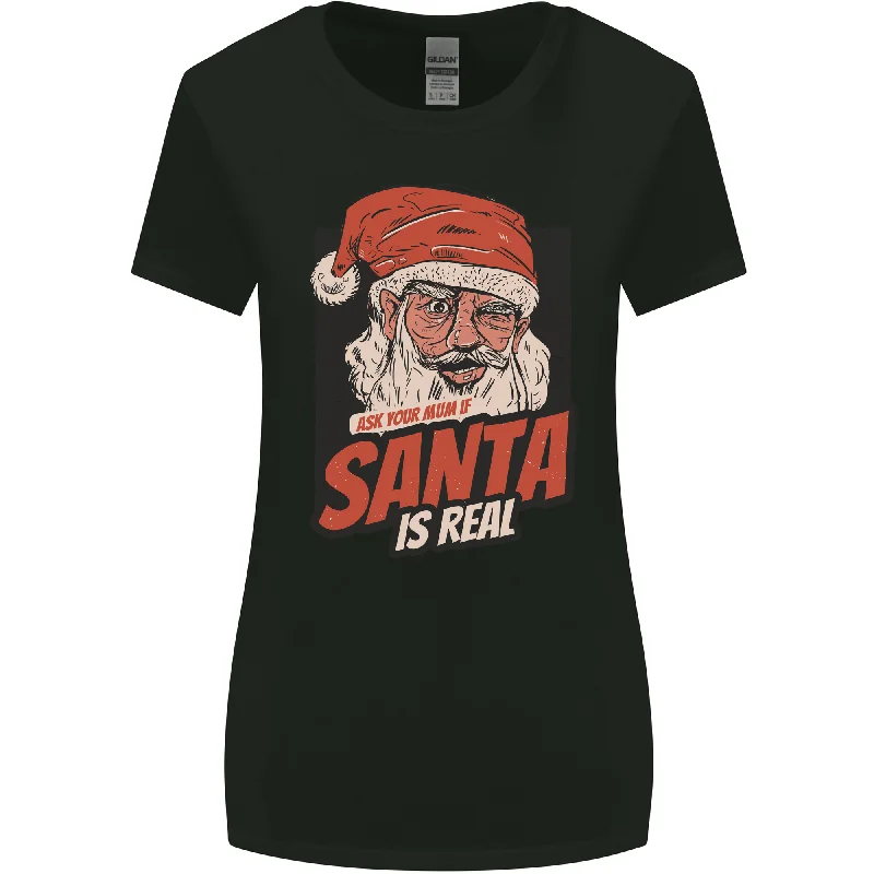 Ask Your Mum If Santa Real Funny Christmas Womens Wider Cut T-Shirt Houndstooth Herringbone Solid