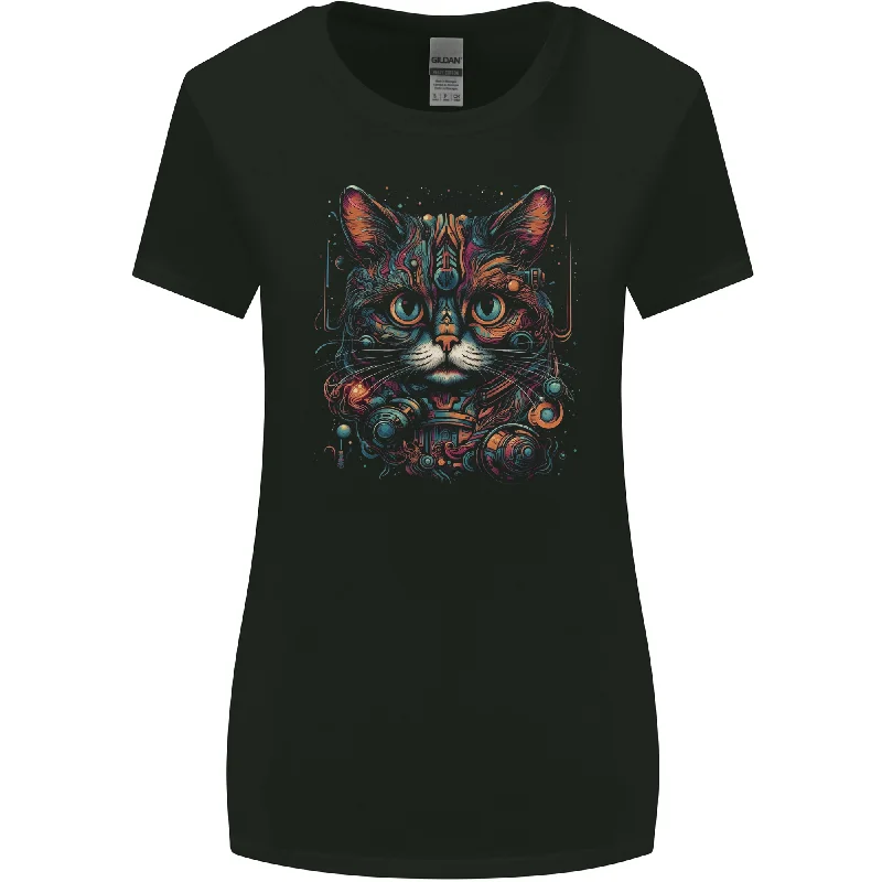 Astral Cat With Fantasy Tribal Markings Womens Wider Cut T-Shirt Collared Crew Neck Turtle Neck