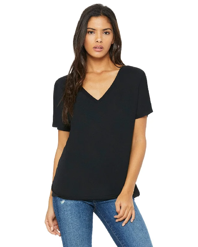 Bella+Canvas Ladies Flowy Simple V-Neck T-Shirt | Black Oversized T-Shirt Spandex breathable