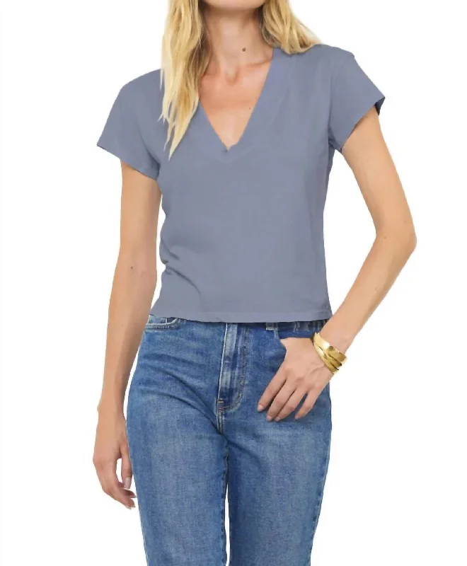Deep V-Neck Tee In Cool Grey Ribbed Striped Patterned