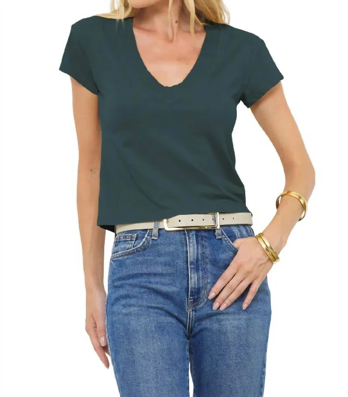 Deep V-Neck Tee In Pine Green Mesh Blend Leather Blend Suede Blend
