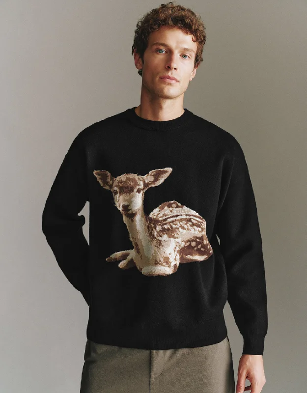 Deer Embroidered Knitted T-Shirt Mesh Blend Leather Blend Suede Blend