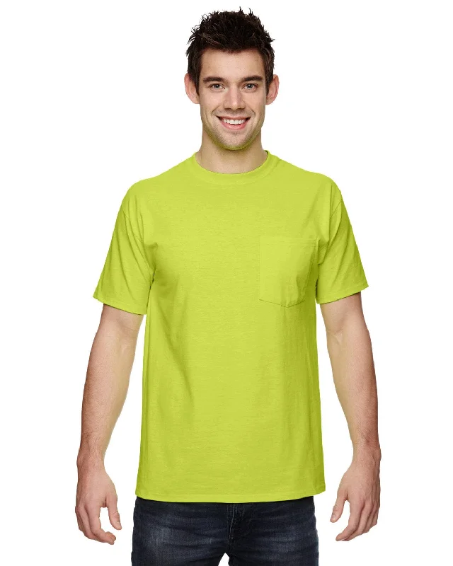 Fruit of the Loom Cotton Pocket T-Shirt | Safety Green Basic T-Shirt Crew Neck Short Sleeve