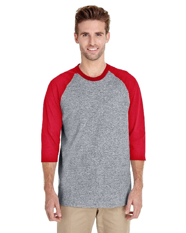 Gildan Heavy Cotton 3/4-Raglan Sleeve T-Shirt | Sport Grey/ Red Zippered Buttoned Snapped