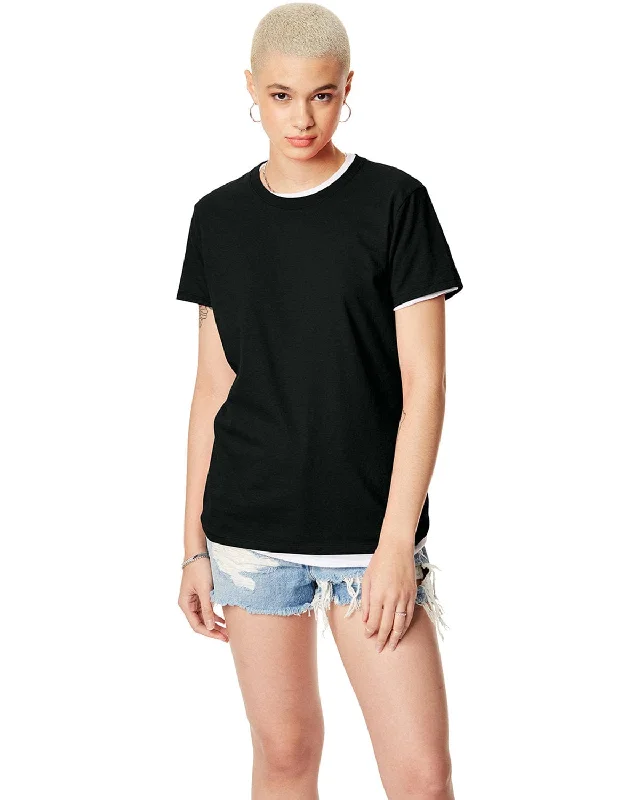 Hanes Ladies Classic Fit Tee | Black Striped Floral Plaid