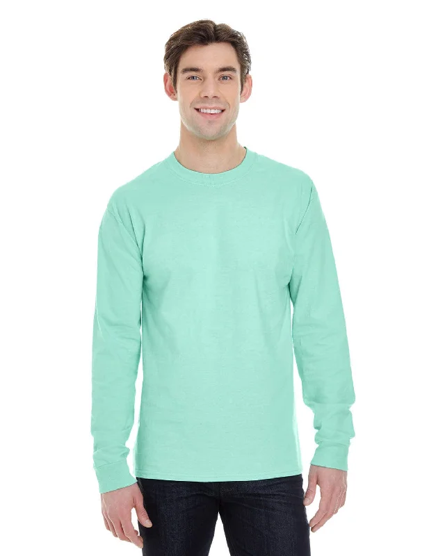 Hanes Long Sleeve Beefy-T T-Shirt | Clean Mint Spandex Blend Rayon Blend Denim Blend