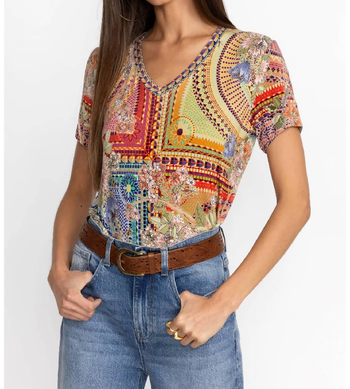 Janie Favorite Tee In Floral Mosaic Orange Welt Pockets Slit Pockets Flap Pockets