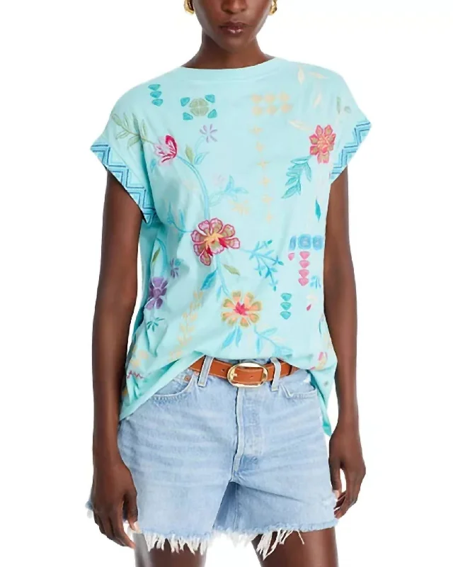 Katie Relaxed Tee In Marine Blue Houndstooth Herringbone Solid