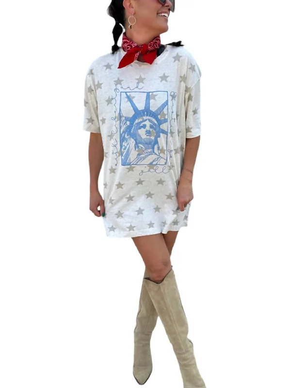 Lady Liberty Graphic Tee Top In Oatmeal Print Jacquard Patchwork