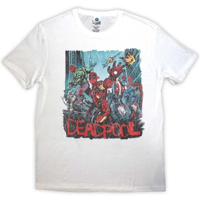 Marvel Comics | Official Band T-Shirt | Deadpool Hero Scene Vintage Print Jacquard Patchwork